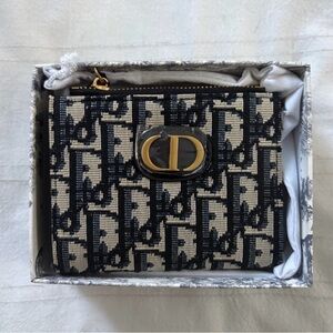 Navy and Ivory Oblique Canvas Compact Zip Wallet with Gold CD Hardware